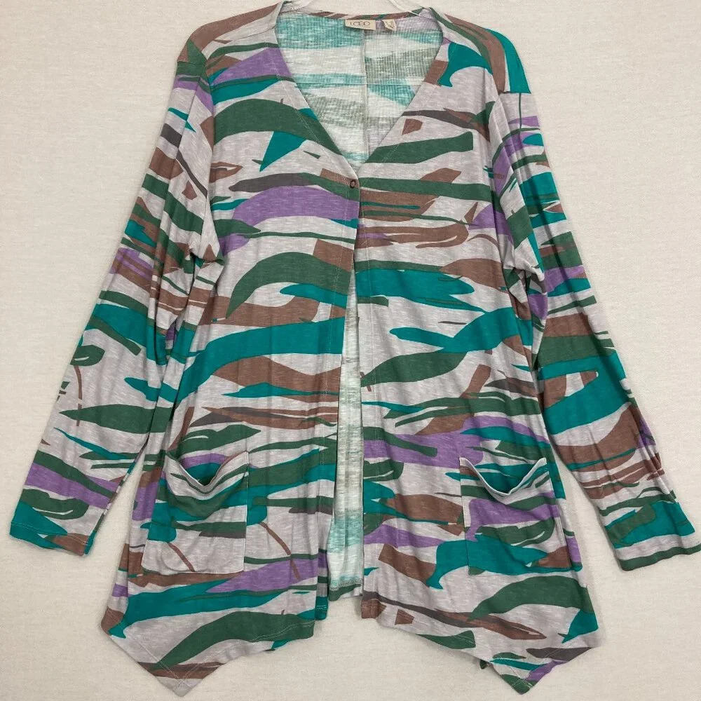 LOGO by Lori Goldstein Purple Green Shark‎ Bite Hem Stretch Light Cardigan 1X